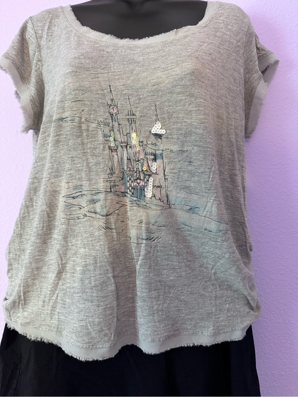 Women's Light Gray Sequin Disney Castle Graphic Tee- Medium